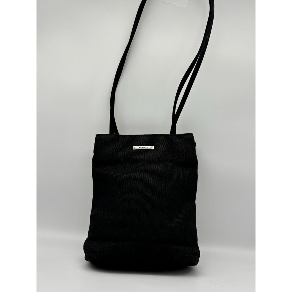 Moda Bella Black Textured Fabric Shoulder Bag W/Dual Straps & Silver Logo Accent